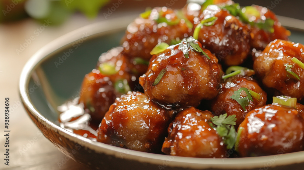 Delicious stir-fried meatballs with tangy sauce and fresh herbs served elegantly in a rustic bowl, inviting you to savor each bite Delicious stir-fried meatballs with tangy sauce and fresh herbs served elegantly in a rustic bowl, inviting you to savor each bite