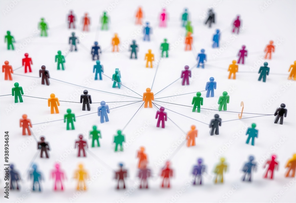 Naklejka premium Miniature figures, network, social connections, colorful toys, relationships, creative design, interconnectedness, figures, community, visual representation, abstract art, connection, teamwork