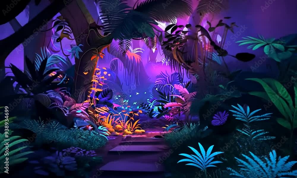 A mysterious, glowing pathway leads into a dark, tropical forest at night. A mysterious, glowing pathway leads into a dark, tropical forest at night.