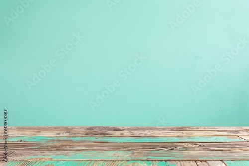 empty wooden deck table soft blue mint wall for product present horizontal photo