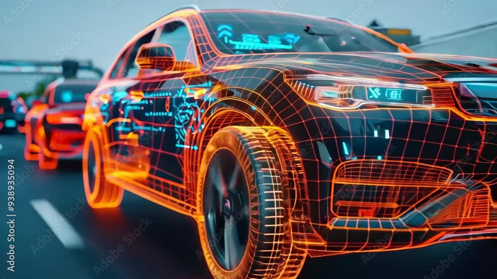Futuristic autonomous car with digital interface and neon lines driving on road, showcasing advanced automotive technology and AI in transportation. Futuristic autonomous car with digital interface and neon lines driving on road, showcasing advanced automotive technology and AI in transportation.