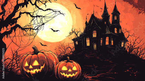 Spooky Halloween scene with haunted house