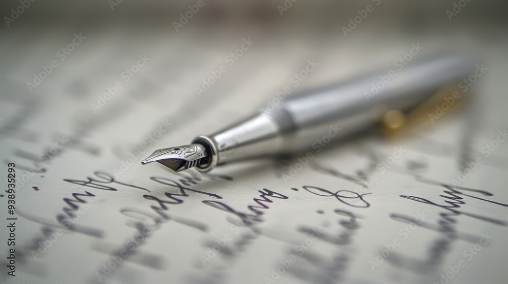 macro shot silver pen writing letter paper sign ink document note vintage blur background macro shot silver pen writing letter paper sign ink document note vintage blur background