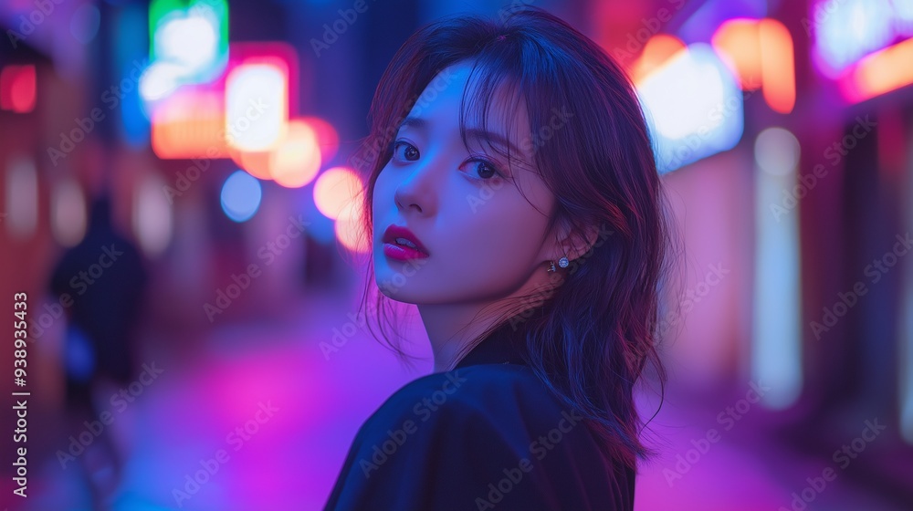 Portrait of a beautiful Korean girl in a neon-lit street looking back at camera Portrait of a beautiful Korean girl in a neon-lit street looking back at camera