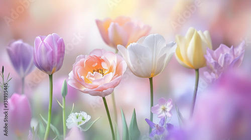 Soft-focus field of colorful spring flowers