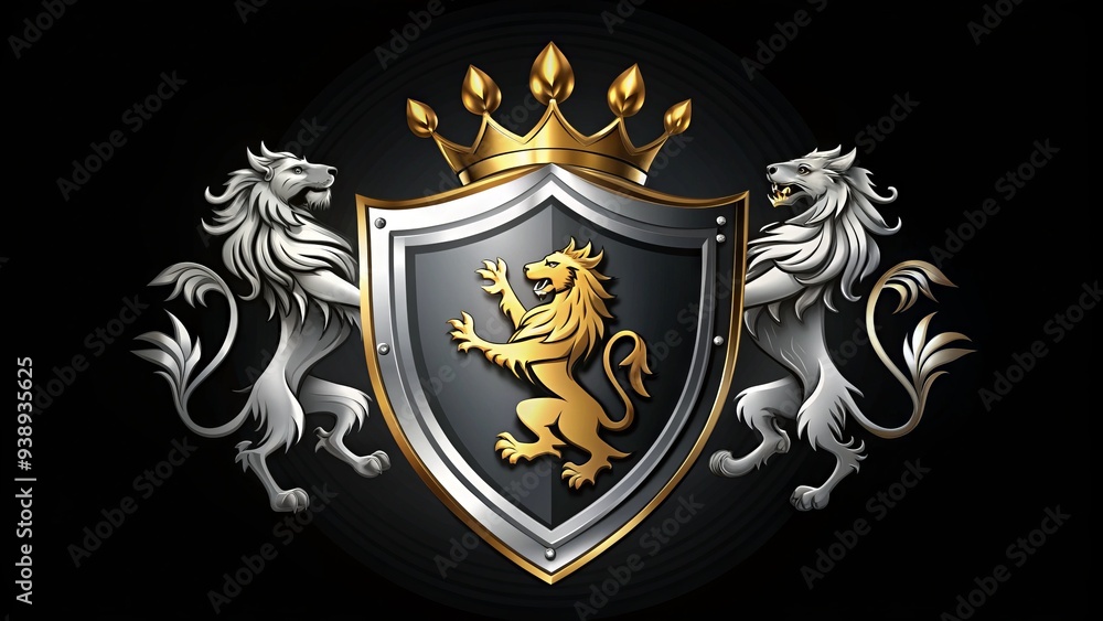 Majestic knight's shield crest with gold and silver armor, royal lions, and regal crowns, symbolizing strength, courage, and noble heritage in a modern logo design. Majestic knight's shield crest with gold and silver armor, royal lions, and regal crowns, symbolizing strength, courage, and noble heritage in a modern logo design.