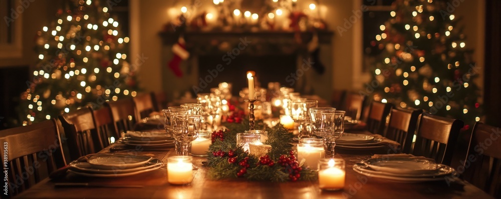 Elegant dining table set for a holiday feast, softly lit by overhead warm LED chandeliers and candlelight Elegant dining table set for a holiday feast, softly lit by overhead warm LED chandeliers and candlelight