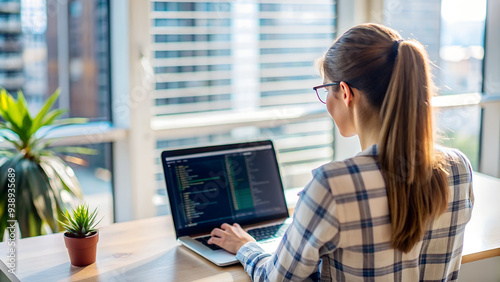 Young woman with glasses, working at a laptop, looking from the back, a freelancer girl or a student at a computer