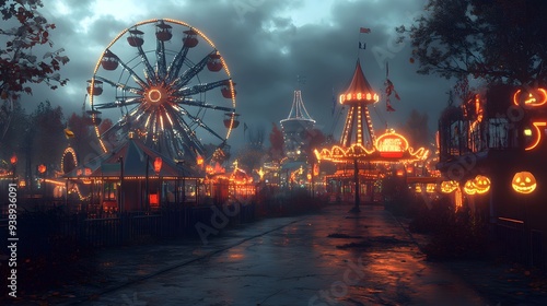Halloween-themed carnival with spooky rides, creepy clowns, and haunted attractions