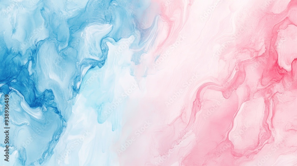 Fototapeta premium Abstract watercolor background with soft pastel pink and blue hues, featuring fluid marbled paper texture, gentle and soothing.