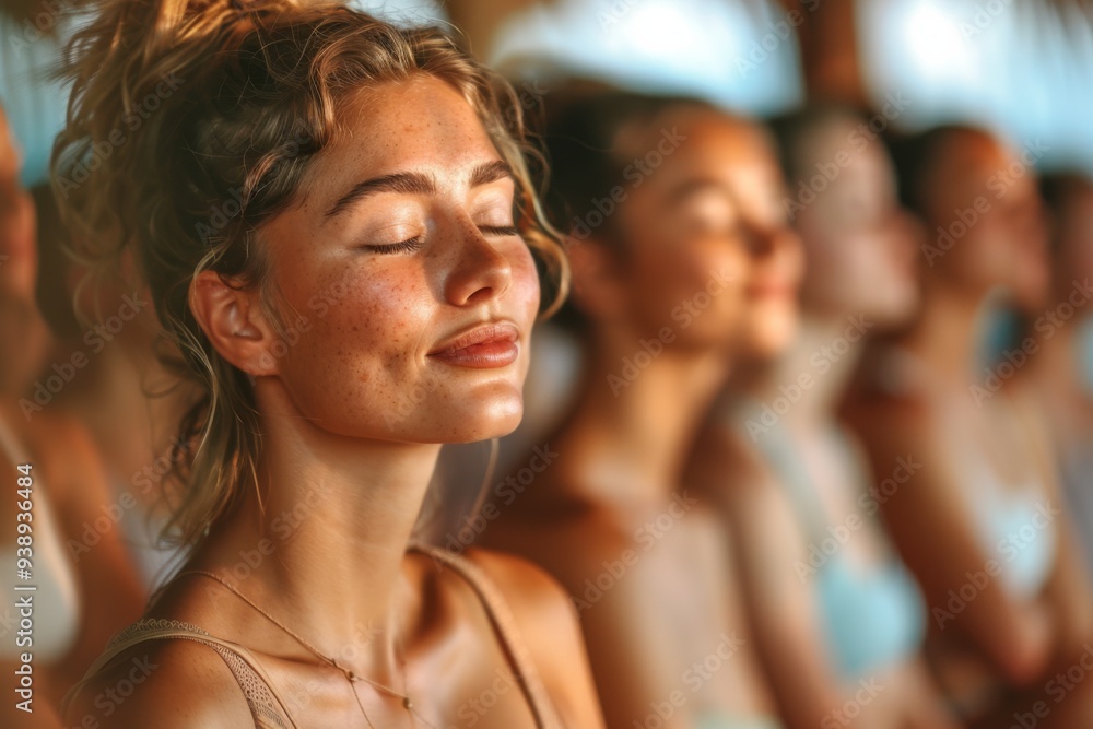 Women practicing mindfulness in a serene setting during a wellness retreat at sunset Women practicing mindfulness in a serene setting during a wellness retreat at sunset