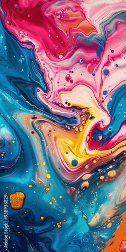 Liquid painting abstract texture with a mixture of bright acrylic colors, creating a vibrant and dynamic visual composition.