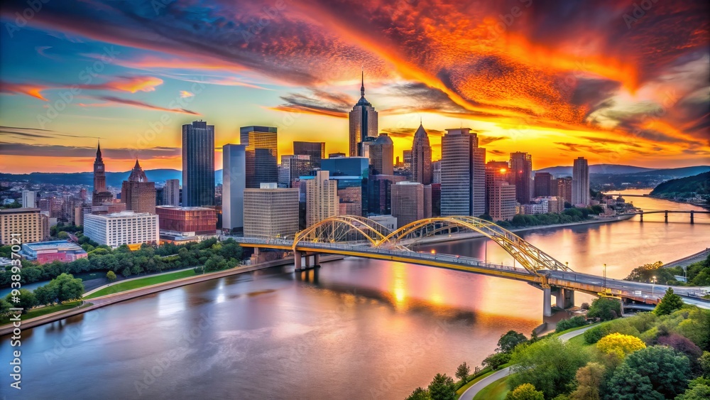 Obraz premium Majestic Pittsburgh skyline at sunset, with the Allegheny River flowing gently beneath the steel city's iconic bridges and towering skyscrapers.
