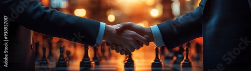 Two businesspeople shaking hands over a chessboard, symbolizing strategic partnership and successful collaboration in business.