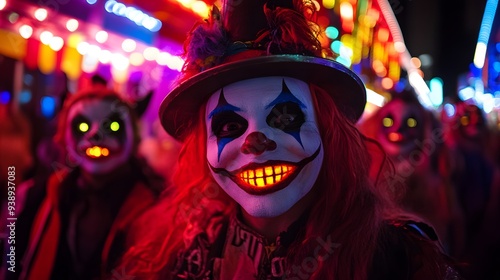 The carnival is illuminated with hauntingly colorful lights and filled with excited, costumed visitors