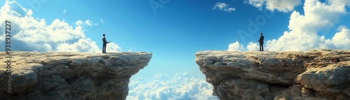 Two individuals stand on opposing cliff edges separated by a wide gap under a bright blue sky with fluffy white clouds.