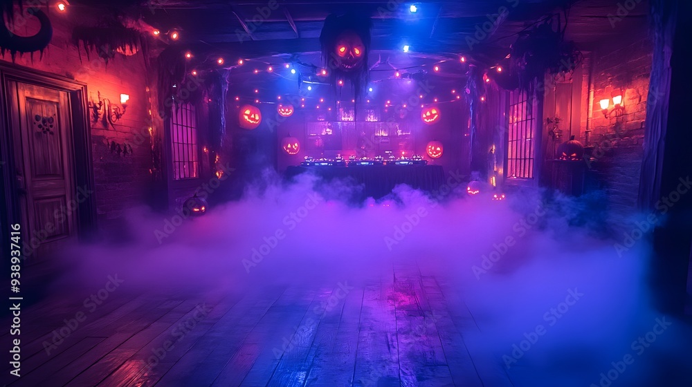 The dance floor is decorated with Halloween-themed lights and fog, with a DJ booth featuring creepy decorations The dance floor is decorated with Halloween-themed lights and fog, with a DJ booth featuring creepy decorations
