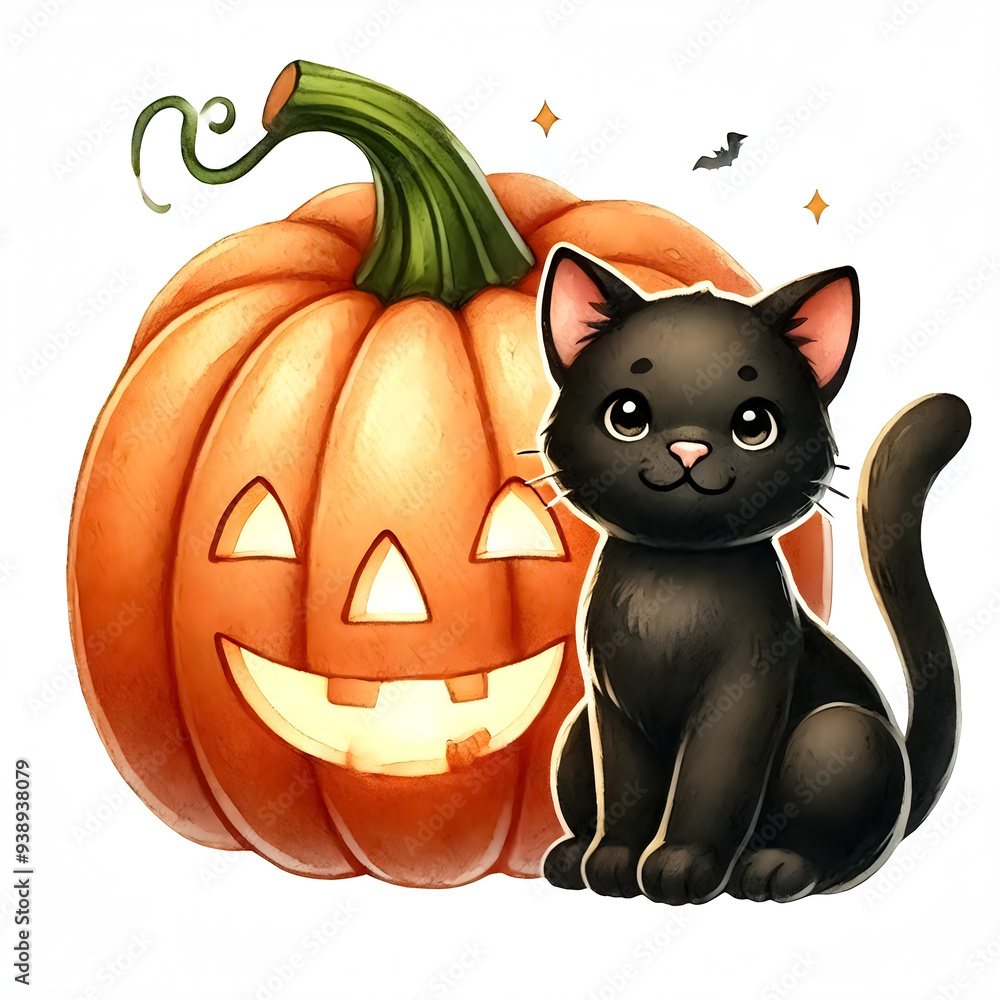 A cute black cat with big, round eyes and a cheerful smile, sitting with a tiny pumpkin beside it. A cute black cat with big, round eyes and a cheerful smile, sitting with a tiny pumpkin beside it.