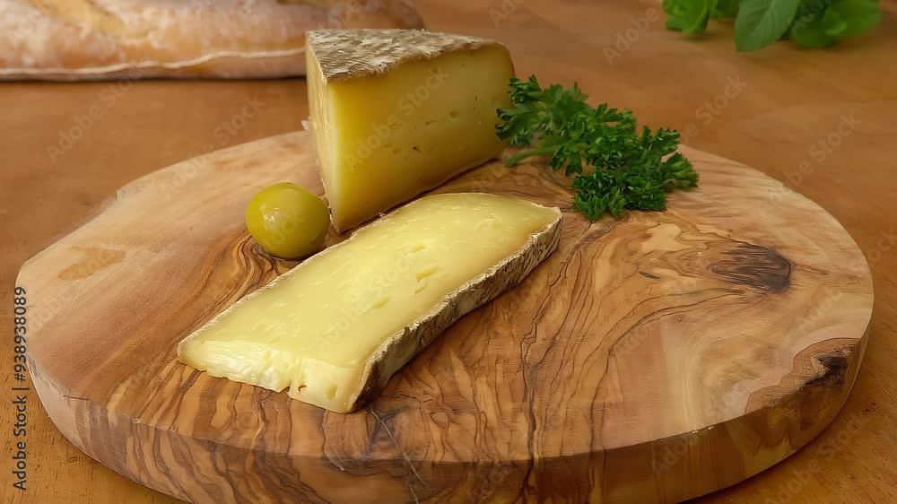 Camera movement near Hard cheese, a baguette and olives on a wooden board. High quality 4k footage