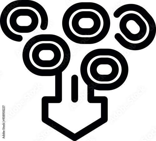 Black and white icon of multiple data streams converging into a single output point