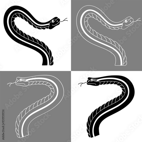 2 serpents dessinés en silhouette noire et au contours blancs sans fond, symbole du nouvel an chinois 2025.
