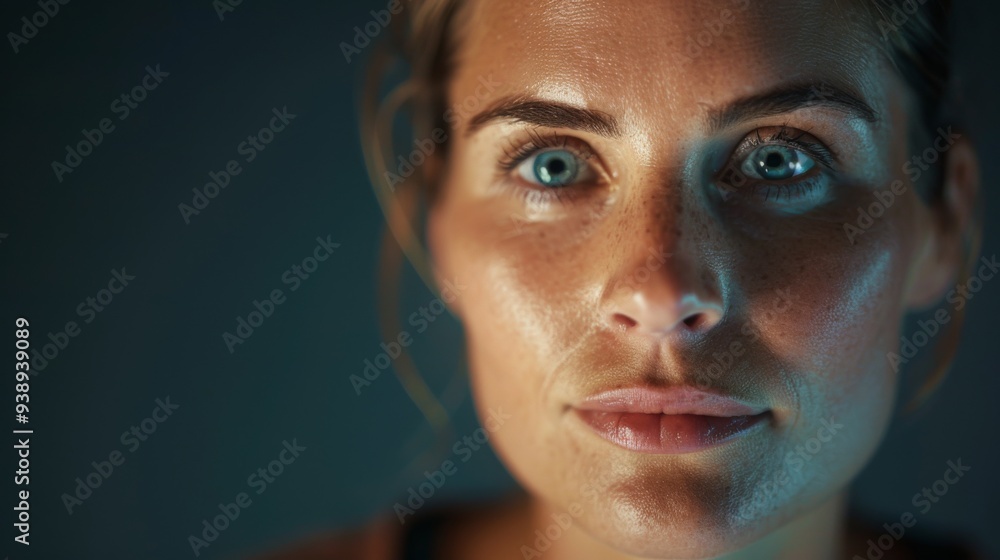 A close-up of a woman with striking blue eyes against a dark background, capturing her intense expression and natural beauty in a thoughtful moment A close-up of a woman with striking blue eyes against a dark background, capturing her intense expression and natural beauty in a thoughtful moment