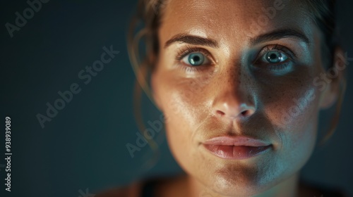 A close-up of a woman with striking blue eyes against a dark background, capturing her intense expression and natural beauty in a thoughtful moment