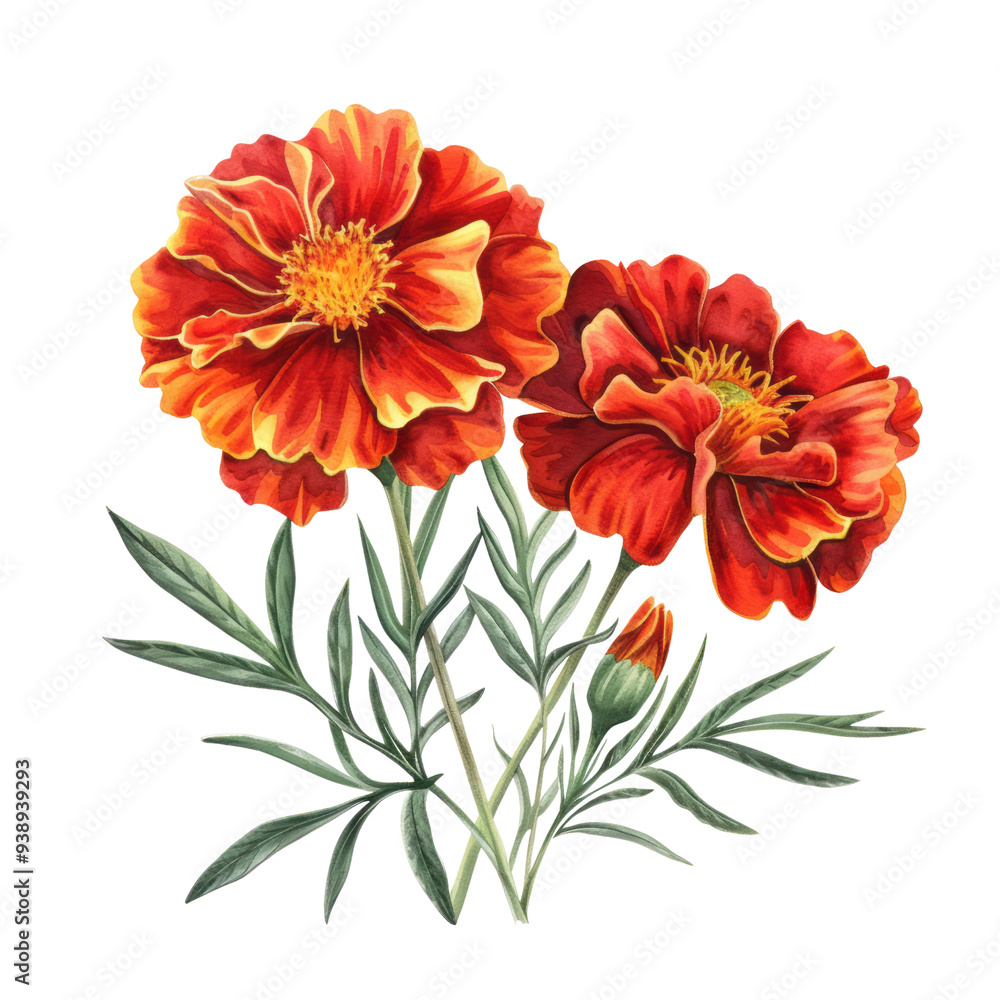 Fototapeta premium A vibrant bouquet of orange and yellow flowers in full bloom with marigolds, daisies, and calendula isolated on a white background
