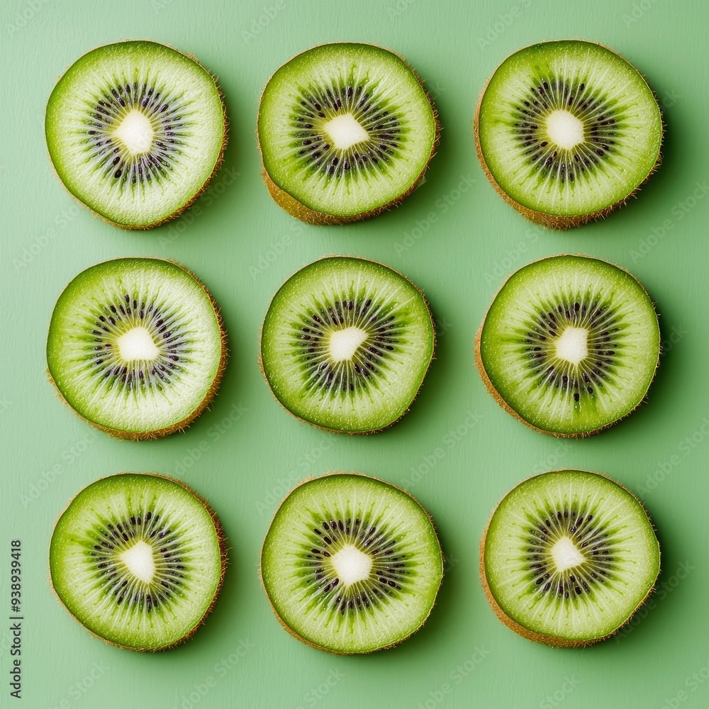 Fresh Sliced Kiwi Fruit Arranged in Minimal Green Background Fresh Sliced Kiwi Fruit Arranged in Minimal Green Background