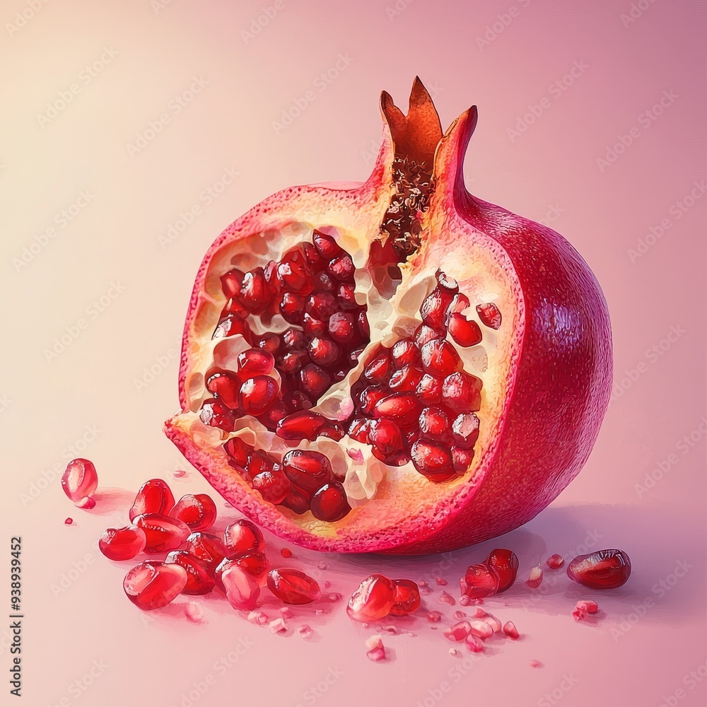 Freshly Cracked Open Ripe Pomegranate Fruit with Vibrant Red Juicy Seeds Freshly Cracked Open Ripe Pomegranate Fruit with Vibrant Red Juicy Seeds