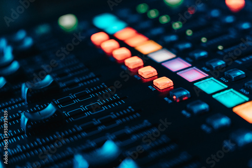 Leuchtende Tasten eines Audiomischpults von Behringer