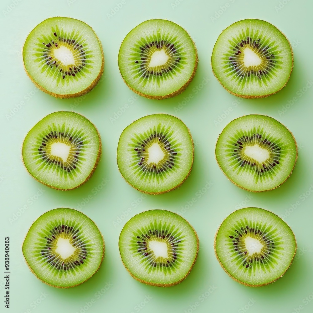 Sliced Kiwi Fruit Arranged in Rows on Green Background Sliced Kiwi Fruit Arranged in Rows on Green Background