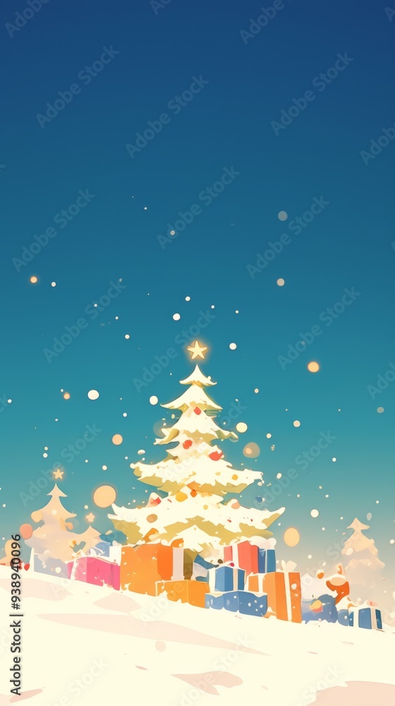 Fototapeta premium A festive holiday landscape featuring a beautifully decorated Christmas tree surrounded by colorful presents under a clear sky filled with soft, drifting snowflakes during the winter season