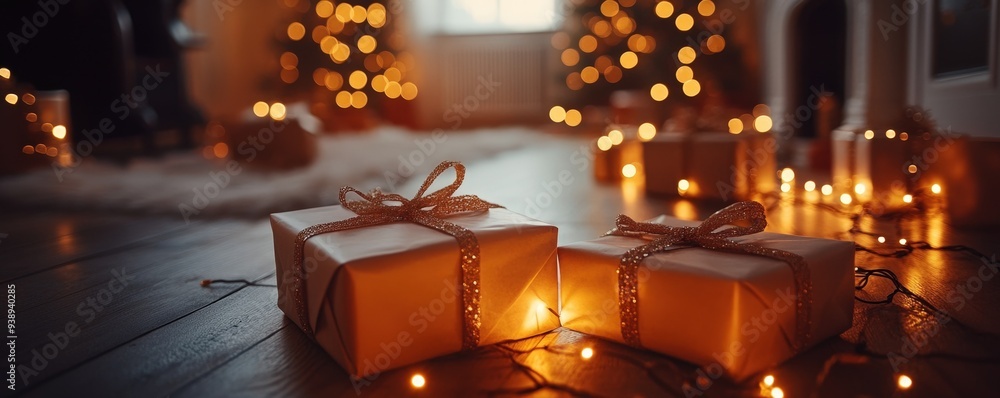 Warm LED lights wrapped around holiday gifts, soft glow in a dimly lit room Warm LED lights wrapped around holiday gifts, soft glow in a dimly lit room