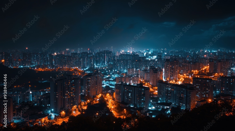 Night cityscape glowing with warm and blue lights Night cityscape glowing with warm and blue lights