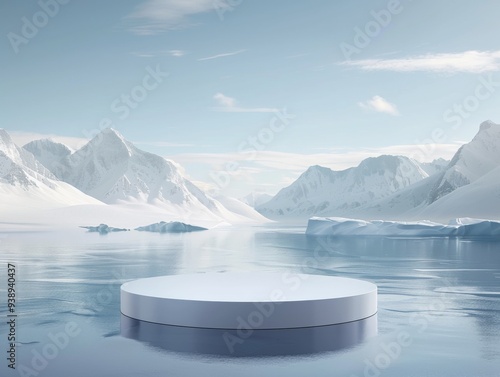 A tranquil icy landscape featuring a circular platform surrounded by snow-capped mountains and reflective waters under a clear blue sky in a serene arctic setting