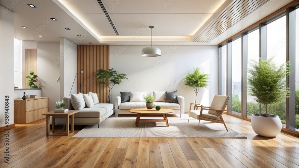 Minimalist modern interior with sleek white walls, polished wooden floor, and sparse decor, exuding calmness, serenity, and a sense of empty space waiting to be filled. Minimalist modern interior with sleek white walls, polished wooden floor, and sparse decor, exuding calmness, serenity, and a sense of empty space waiting to be filled.