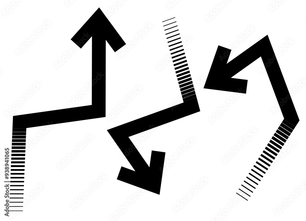 A set of black arrows on a white background from broken lines with a smooth transition. Pointer, navigation. Design element for games. A set of black arrows on a white background from broken lines with a smooth transition. Pointer, navigation. Design element for games.