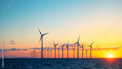 Wind Turbines. Offshore Wind Farm at Sunset. Clean Energy Concept isolated with white highlights, png photo