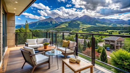 Modern apartment balcony overlooking the breathtaking Rocky Mountains in Colorado, with a sunny patio set and scenic vistas of the surrounding landscape. photo