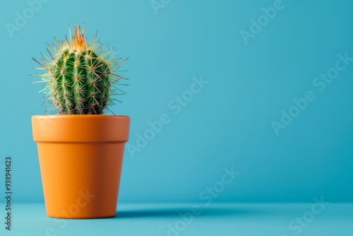 cactus in an orange pot in front of a monochrome blue background