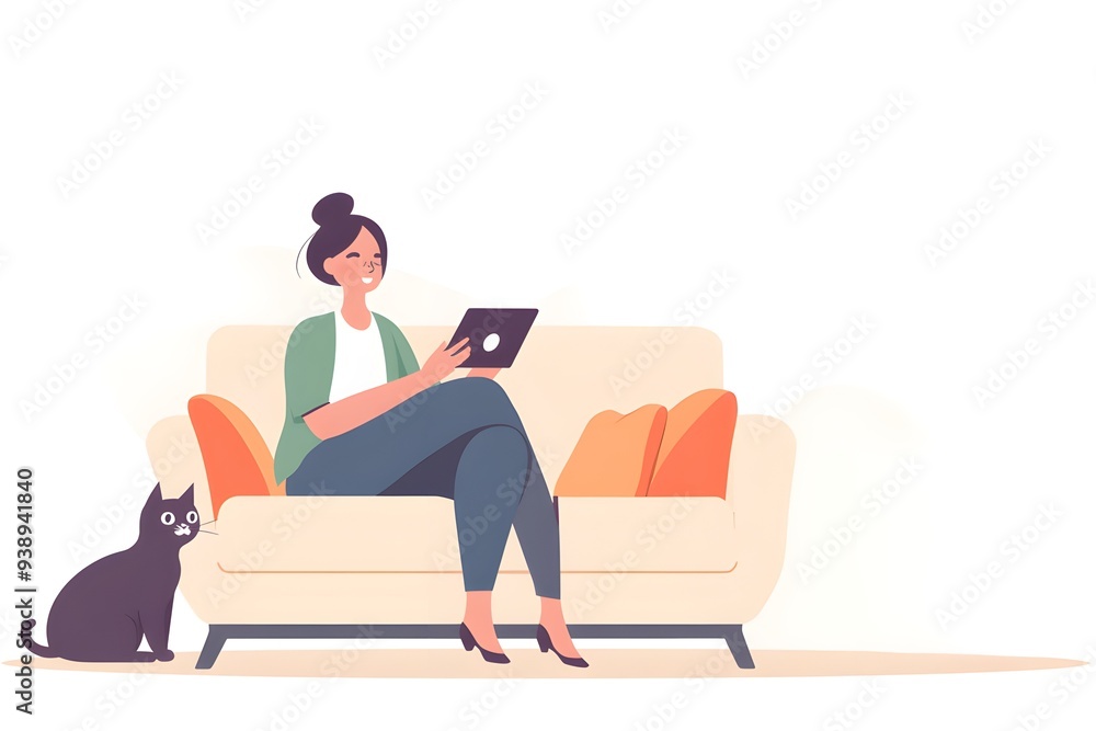 Female setting up a video call on a couch, cat sitting next to her Female setting up a video call on a couch, cat sitting next to her