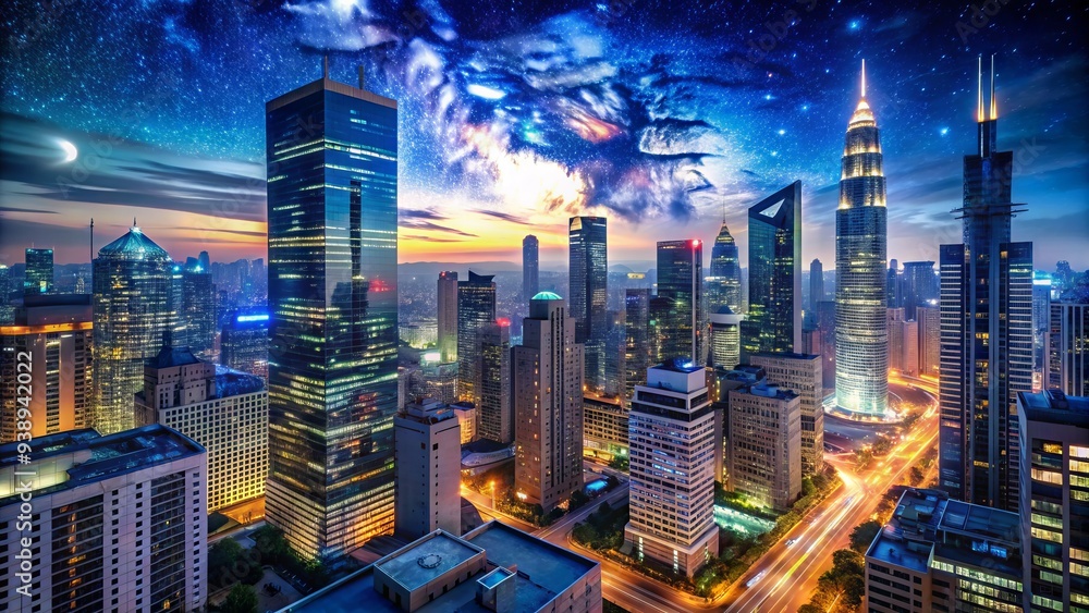 Fototapeta premium Modern cityscape at dusk: sleek skyscrapers, neon lights, and bustling streets create a vibrant, energetic atmosphere under a deep blue starry night sky backdrop.