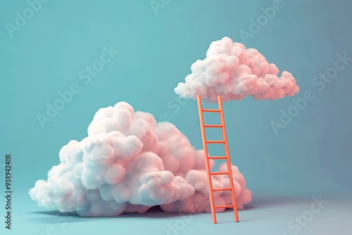 A whimsical scene with a bright orange ladder leaning against fluffy pink clouds set against a soft blue background during daylight, inviting imagination and daydreaming photo