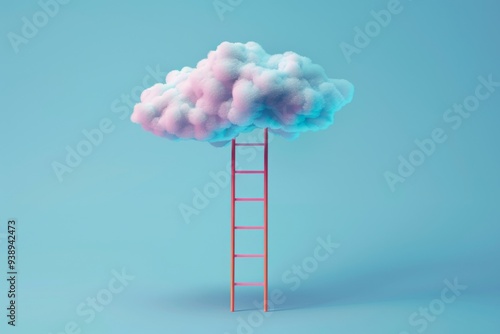 Fototapeta Naklejka Na Ścianę i Meble -  A colorful cloud resting atop a pink ladder against a blue background symbolizes dreams and aspirations in an imaginative and whimsical setting