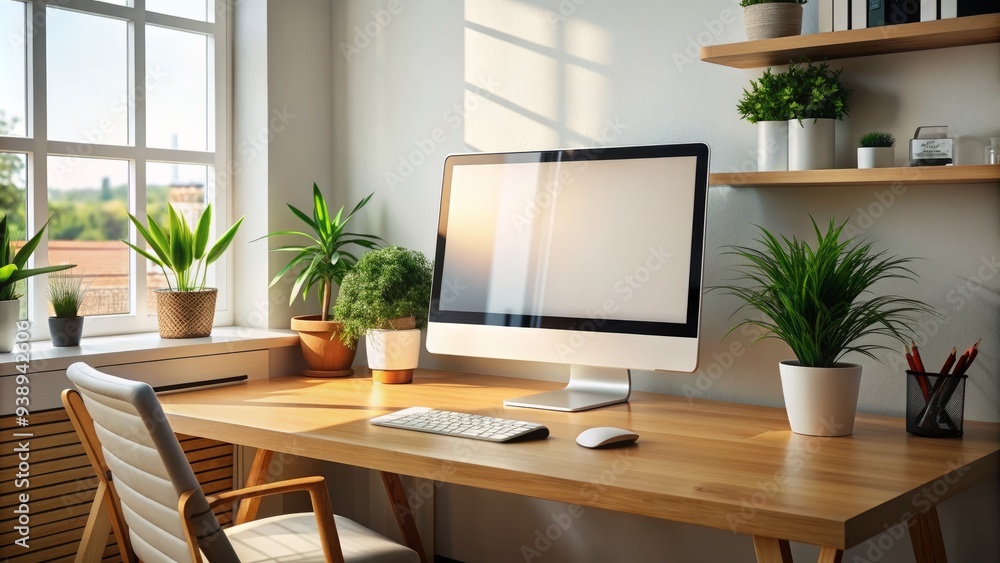 Modern Desktop Computer With Blank Screen On Desk With Copy Space In Home Office Setting Modern Desktop Computer With Blank Screen On Desk With Copy Space In Home Office Setting