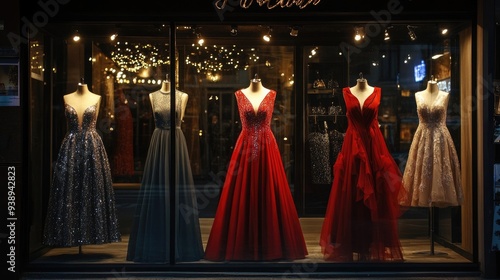 Stylish Boutique at Night Featuring Elegant Evening Gowns