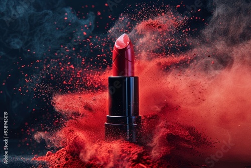 Red lipstick stands prominently, enveloped in a swirling cloud of red powder, creating a striking visual effect