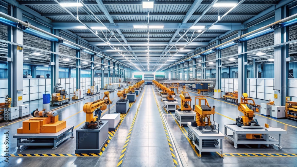 Modern industrial factory interior with rows of sleek machinery and advanced robotic systems, highlighting innovative manufacturing technology and automation processes. Modern industrial factory interior with rows of sleek machinery and advanced robotic systems, highlighting innovative manufacturing technology and automation processes.