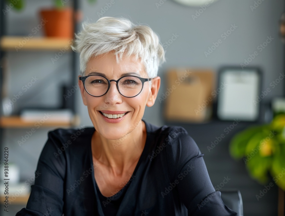 Happy senior businesswoman sitting at her desk in the office, wearing glasses and smiling while looking directly into the camera. Happy senior businesswoman sitting at her desk in the office, wearing glasses and smiling while looking directly into the camera.